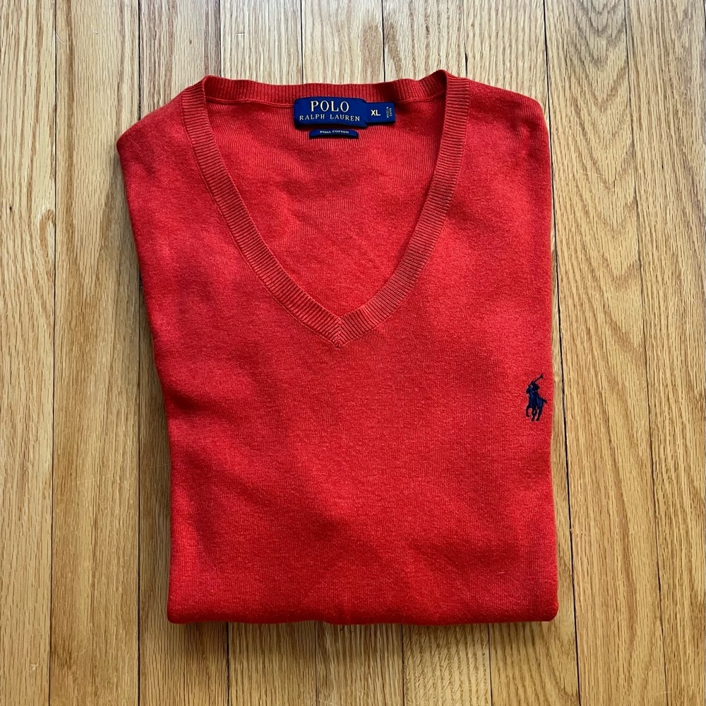 Ralph Lauren Polo Red V-Neck Sweater with Navy Pony